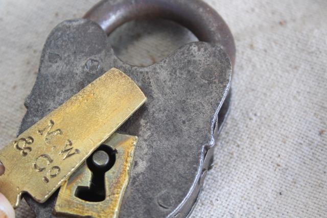old antique railroad locks, iron & brass MW and NLM marked padlocks