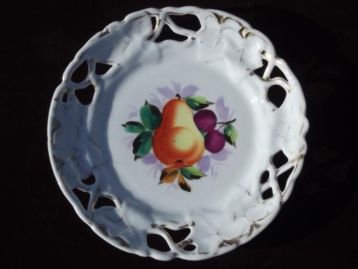 old antique ribbon china plates set, openwork border, hand painted fruit