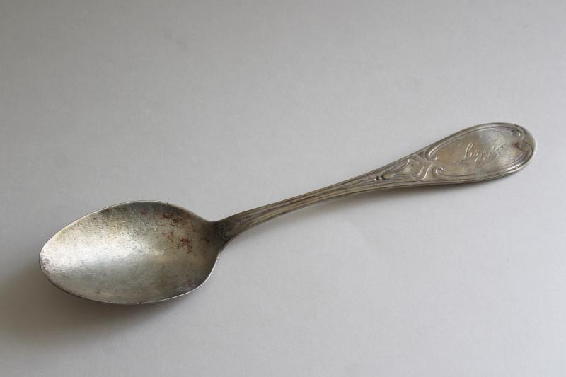 old antique silver plate spoon, engraved script lettering Lizzie