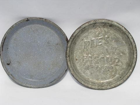 old antique speckled enamelware pie plates, vintage graniteware pans lot