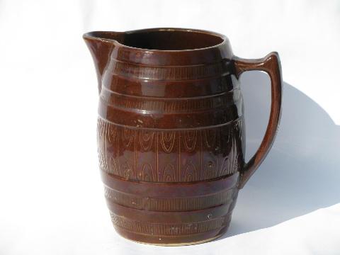 old antique stoneware pottery barrel pitcher & beer steins or cider mugs