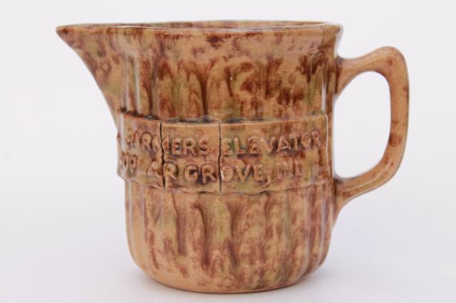 old antique stoneware pottery pitcher advertising Farmers Elevator Poplar Grove Illinois