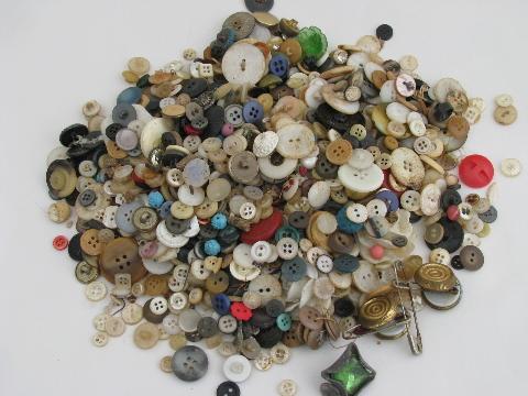 old antique tin full of buttons, vintage sewing button lot, mother of pearl