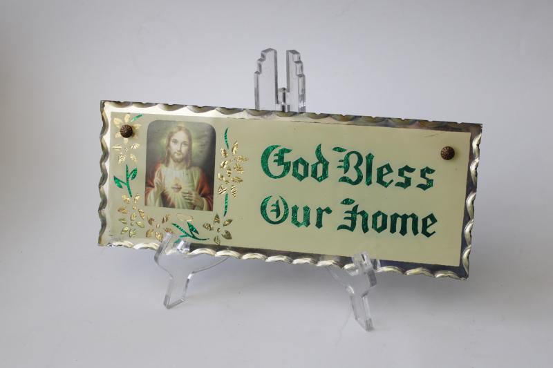 old antique tinsel art mirror religious print God Bless Our home wall art picture