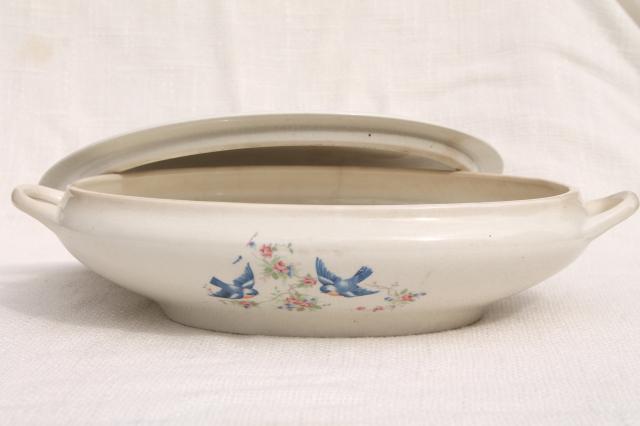 old antique tureen, bluebird china oval covered bowl, early 1900s vintage