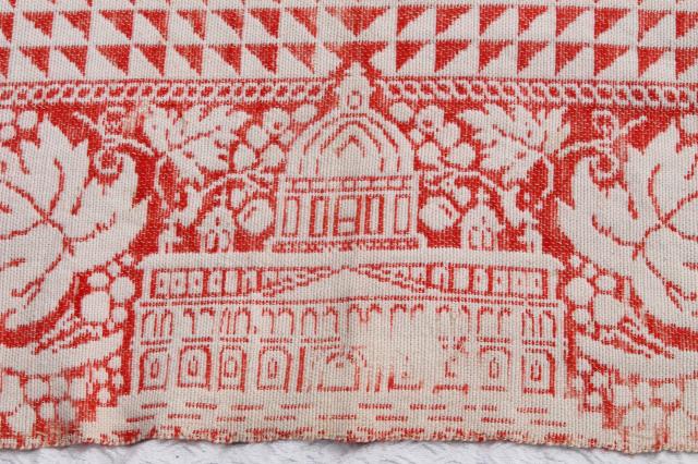old antique turkey red & white homespun coverlet bedspread, woven cotton & wool bed cover
