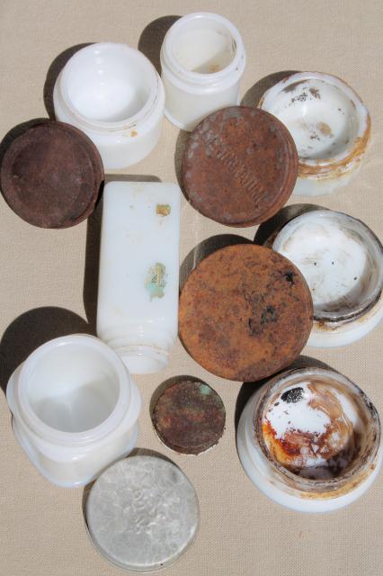 old antique vintage milk glass jars & ointment pots, as found dug bottles lot
