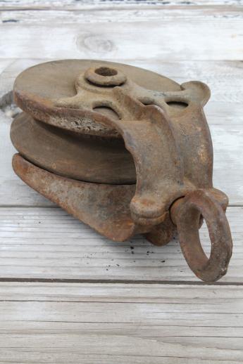old antique wood wheel pulley w/ iron hardware, barn block & tackle pulley
