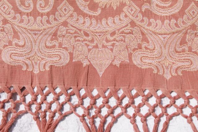 old antique woven cotton jacquard drapery panels, aesthetic vintage portieres, drapes w/ tassels