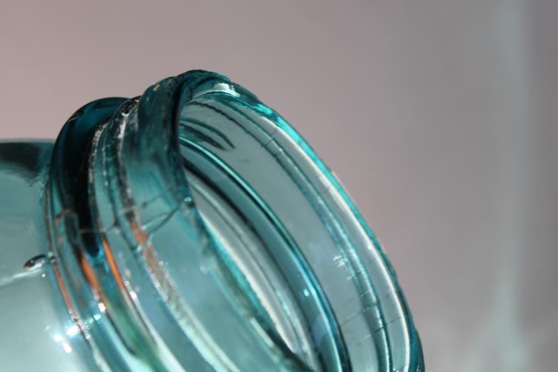 old aqua blue glass canning jar, two quart Ball Perfect Mason slope shoulder jar w/ lid