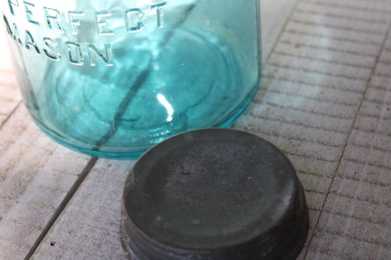 old aqua blue glass canning jar, two quart Ball Perfect Mason slope shoulder jar w/ lid