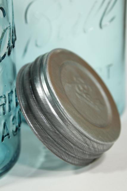 old aqua blue glass canning jars, authentic vintage Ball mason jars w/ zinc lids