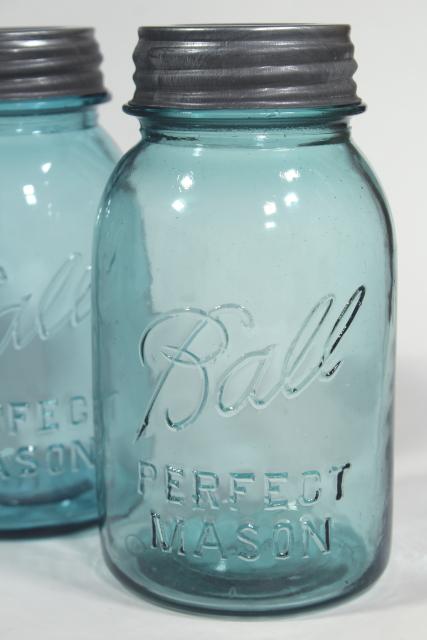 old aqua blue glass canning jars, authentic vintage Ball mason jars w/ zinc lids