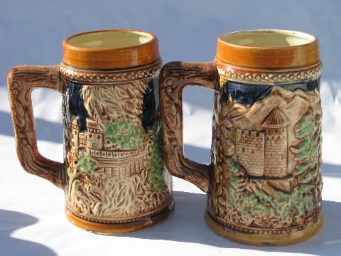 old beer steins set, 8 mugs w/ embossed scenes, vintage Japan