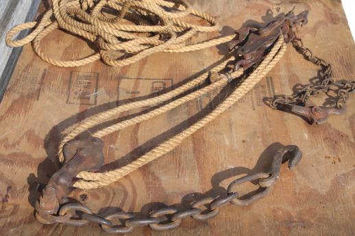 old block & tackle barn pulley hooks w/ natural rope, rustic farm tool