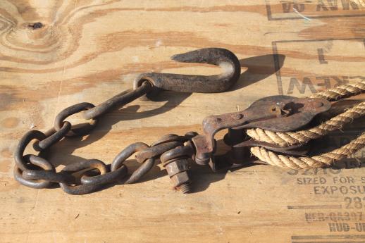 old block & tackle barn pulley hooks w/ natural rope, rustic farm tool