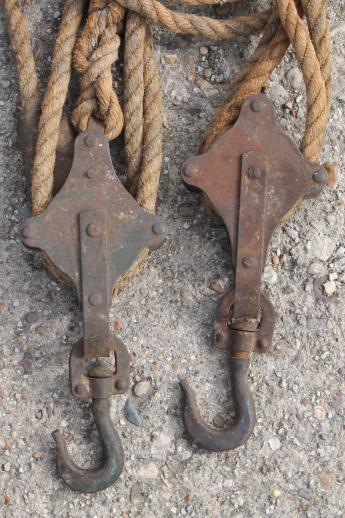 old block & tackle barn pulley hooks w/ natural rope, rustic farm tool fence stretcher