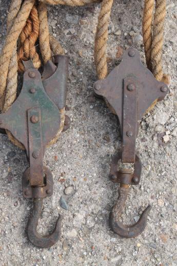 old block & tackle barn pulley hooks w/ natural rope, rustic farm tool fence stretcher