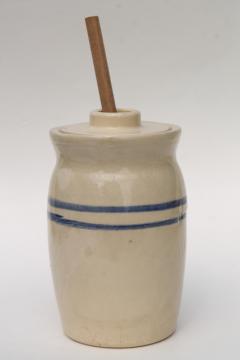 old blue band stoneware crock jar butter churn, primitive country farmhouse kitchen
