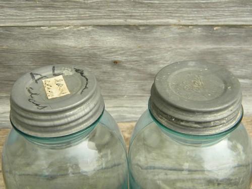 old blue glass Ball Perfect Mason fruit jars w/zinc caps, 2 quart size
