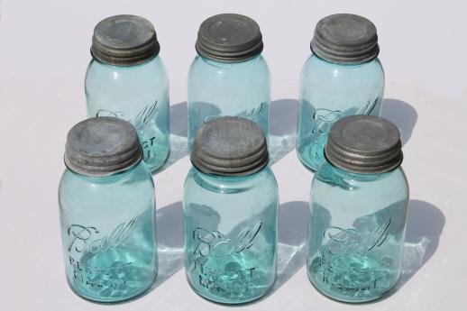 old blue glass canning jars, six vintage Ball mason jars w/ wire jar rack carrier
