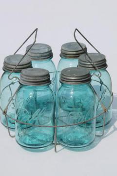 old blue glass canning jars, six vintage Ball mason jars w/ wire jar rack carrier