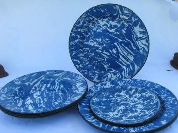old blue & white swirl enamelware, vintage graniteware camp plates, soup bowls