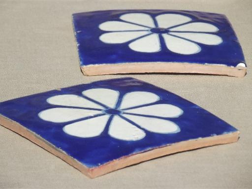 old blue & white  tiles, vintage cobalt blue flowered terracotta pottery tiles