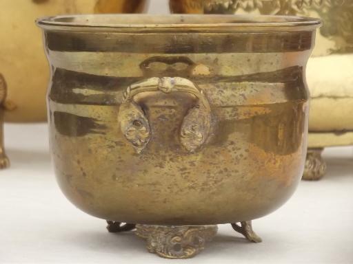 old brass planters & bowls, solid brass bucket & paw foot planter lot