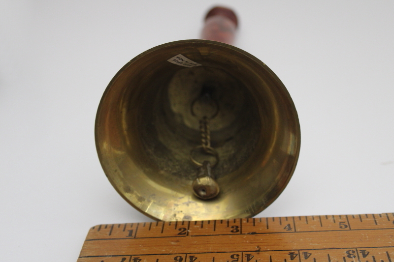 old brass school bell, wood handled hand bell w/ good loud ring, farm dinner bell