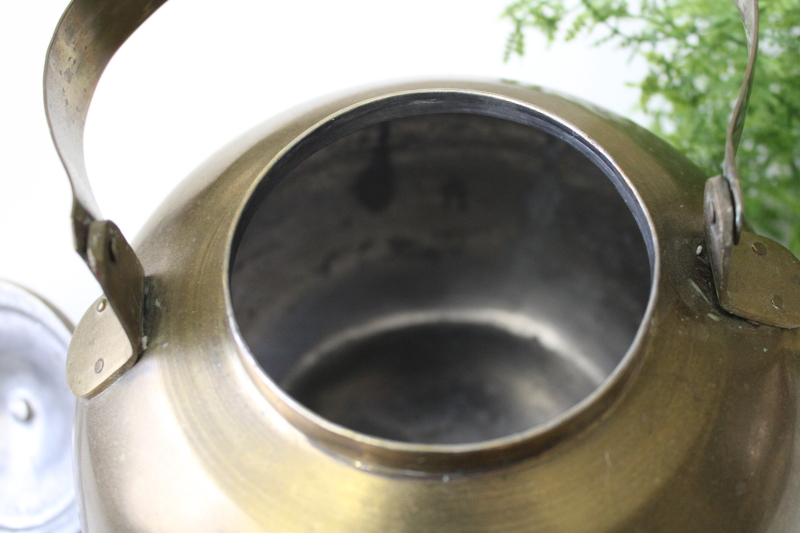 old brass teakettle, small round tea pot vintage french country kitchen decor