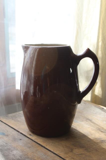 old brown crock pottery pitcher, primitive stoneware jug early 20th century vintage