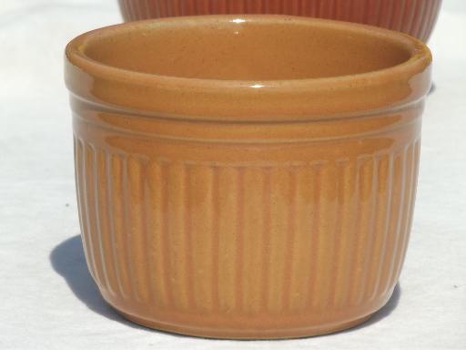 old brown stoneware bowls, ribbed pottery crocks butter crock mixing bowls