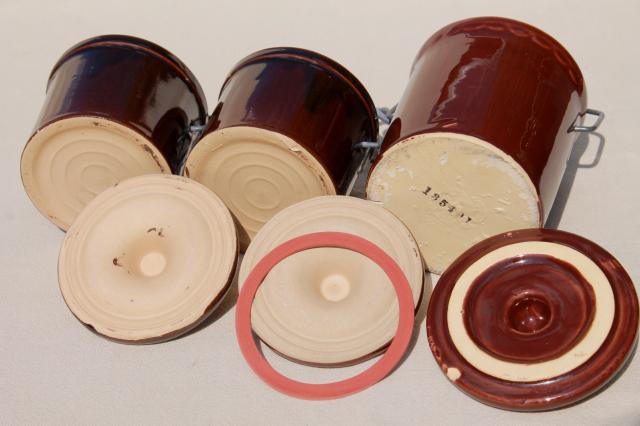 old brown stoneware cheese crock jars w/ wire bail lids, pottery crocks lot