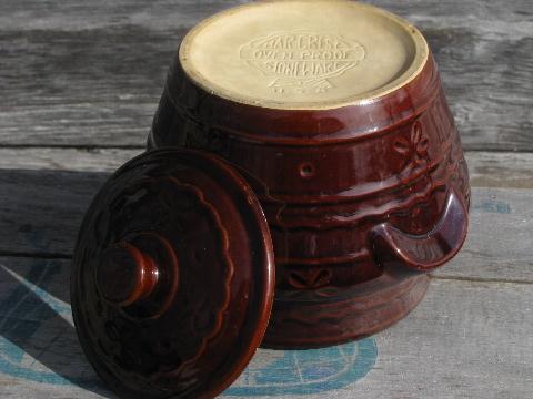 old brown stoneware pottery bean baker pot, vintage Marcrest daisy-dot