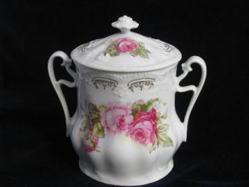 old cabbage roses pattern antique vintage china biscuit or sugar cube jar