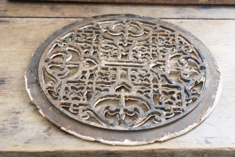 old cast iron grate, round circle register air vent cover antique vintage architectural