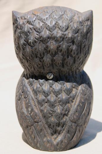 old cast iron owl bank, large heavy iron owl big enough for garden ornament or doorstop