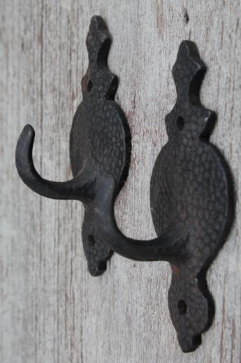 old cast iron wall mount coat hooks w/ hammered finish, Arts & Crafts / Mission vintage hardware