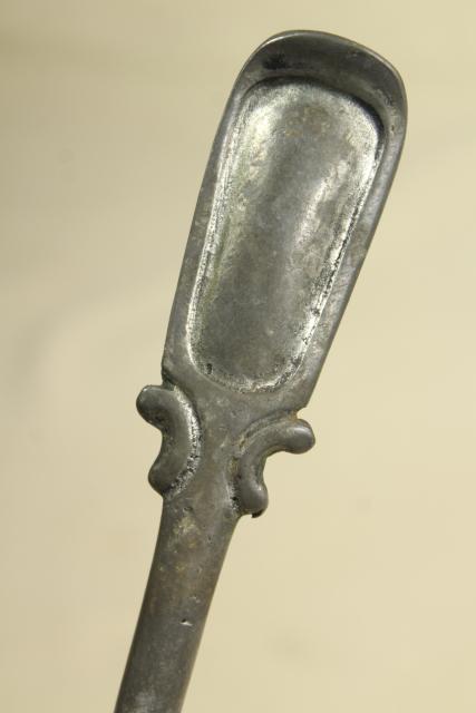 old cast pewter spoon, early 1900s vintage long handled spoon for soup pot or large kettle