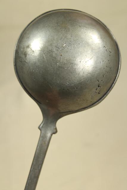 old cast pewter spoon, early 1900s vintage long handled spoon for soup pot or large kettle