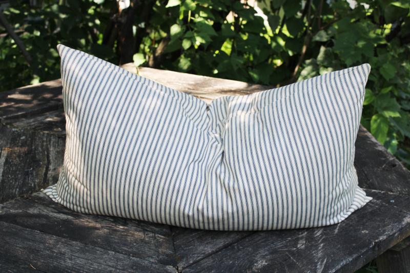 old chicken feather pillow, vintage blue striped cotton ticking fabric
