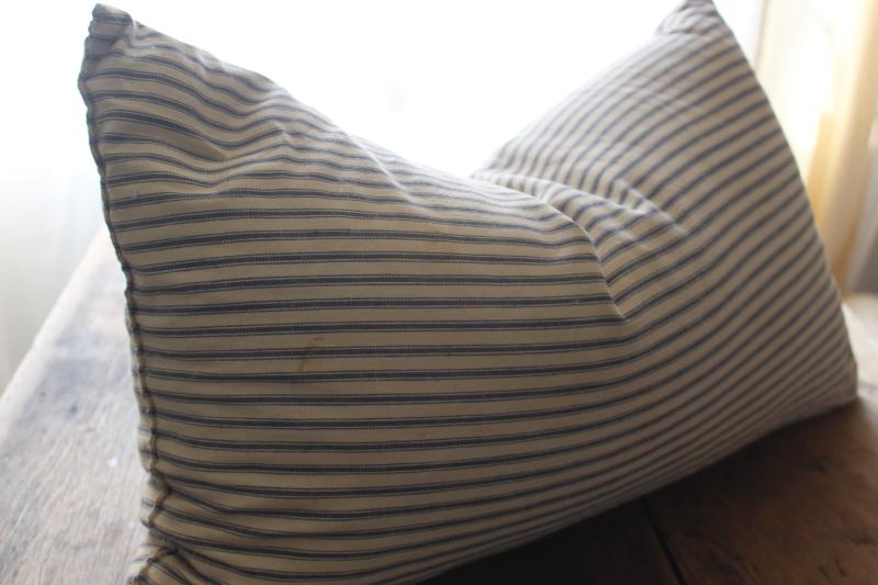 old chicken feather pillow, vintage indigo blue striped cotton ticking fabric cover