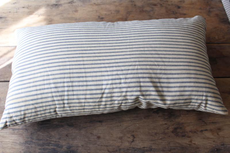 old chicken feather pillow, vintage indigo blue striped cotton ticking fabric cover