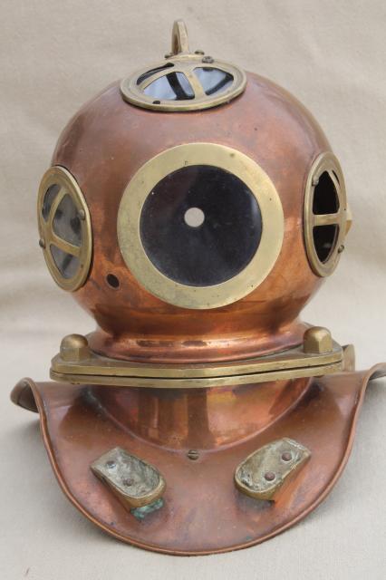 old copper & brass diver's helmet, deep sea diving display piece ...