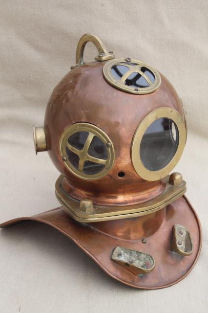 old copper & brass diver's helmet, deep sea diving display piece ...