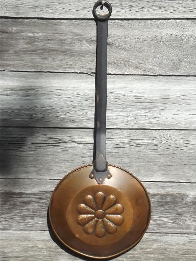 old copper chestnut pan w/ long iron handle, for chestnuts roasting on open fire