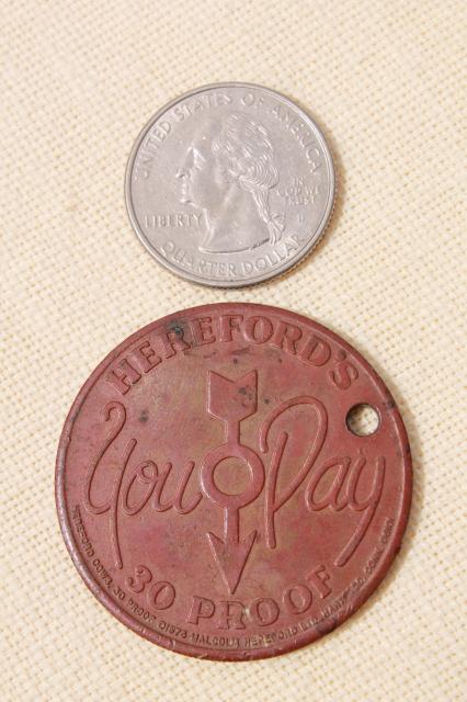 old copper coin Hereford's whiskey advertising token, Hereford cattle cow or bull