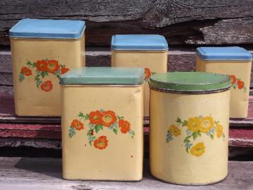 old cottage kitchen vintage metal canisters set, flowers w/ blue green
