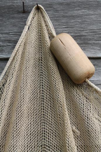 old cotton fishing net w/ wood floats, vintage fish trap net, used